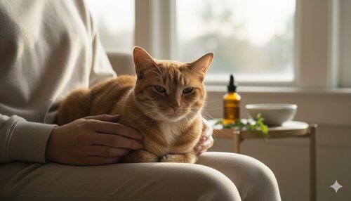 A_Holistic_Guide_to_Natural_Tumor_Support_in_Cats_-_well-loved_domestic_cat_curled_comfortably_in_the_lap_of_a_caring_owner