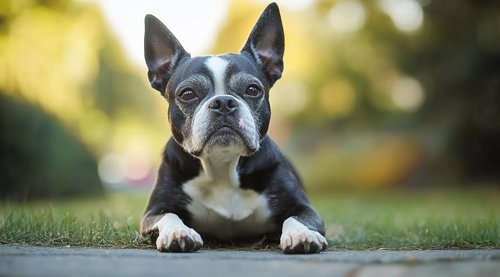 Senior Boston Terrier Health Problems - A Senior Boston Terrier dog sitting outdoors on the ground