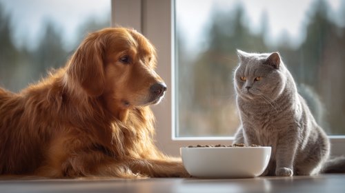 A golden retriever and a British shorthair cat sit next to a white bowl of dog food on the floor