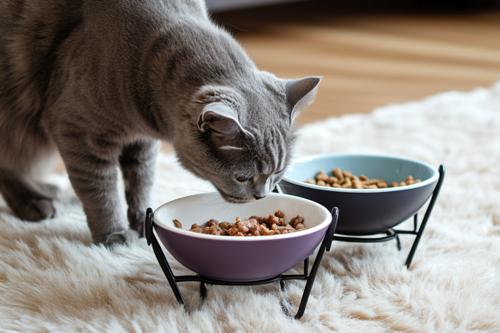A grey cat is eating from two different bowls on the floor