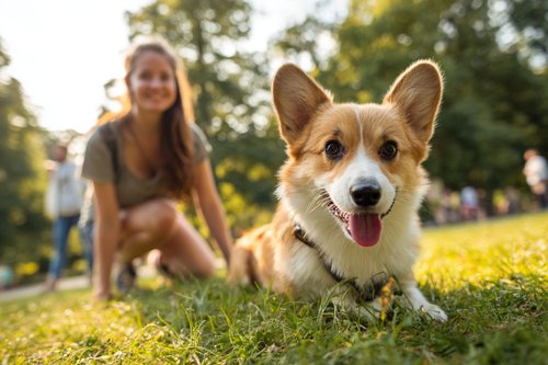 Benefits of Hiring a Dog Trainer - A happy woman playing with a corgi dog in the park