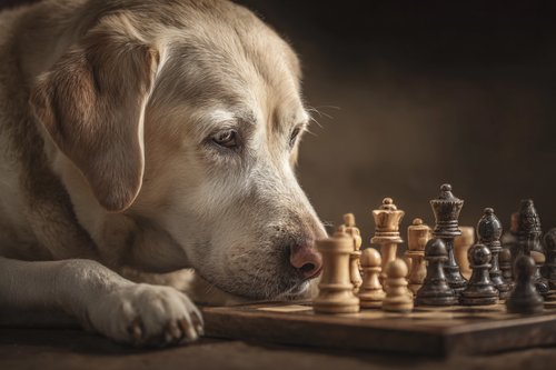8 Brain-Boosting Expert Tips for Your Senior Labrador Retriever - A senior labrador retriever dog playing chess with all the pieces on its side