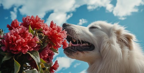 Allergies in dogs - A white Great Pyrenees dog with its mouth open smells an oversized bouquet of red and pink flowers against the blue sky background