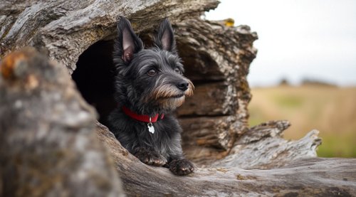 Bladder Cancer in Dogs - black Scottish terrier sits in the hollow of an old log