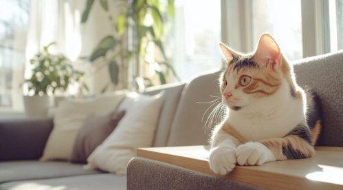 Brain tumors in cats - A calico cat lounging on the edge of an empty wooden table