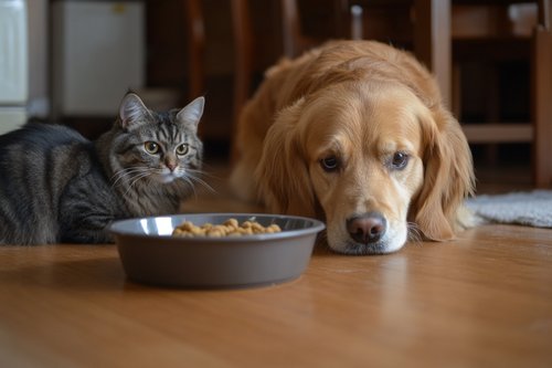 Can Cats Eat Dog Food - A golden retriever dog eating from the bowl while a cat is lurking wanting some food
