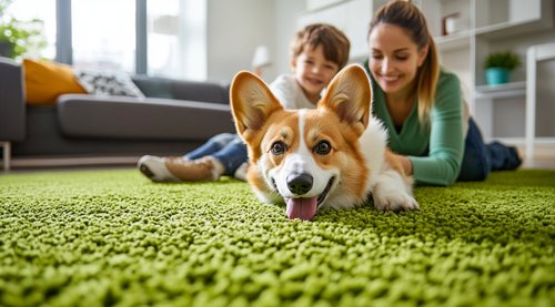 Can Humans Get Giardia from Dogs - A woman with her son and their pet Corgi dog laying on the green carpet in front of them inside an apartment living room