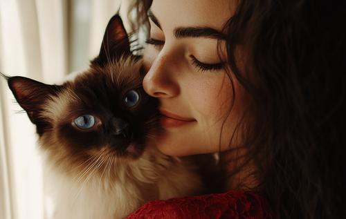 Cat Allergies - A woman cuddles with her Siamese cat indoors at home
