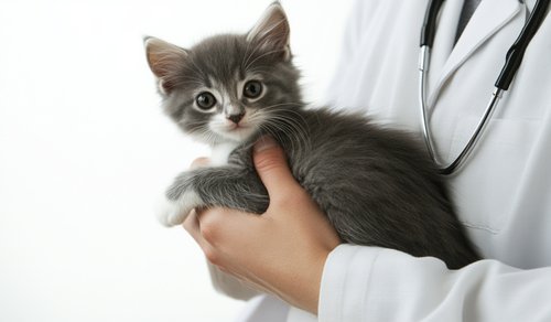 Cat Bronchitis - A gray and white kitten being elegantly held by an animal-loving doctor