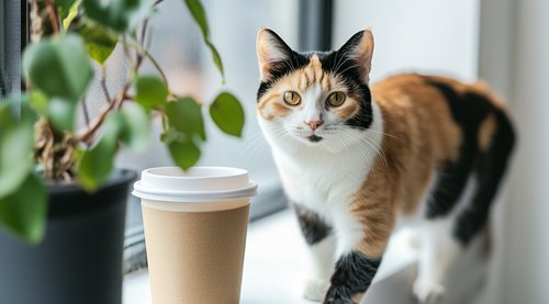 Cat cafe - adorable calico cat walking on the windowsill