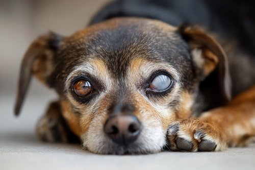 Cataracts in Dogs - an old brown and black miniature pinscher with cloudy eyes