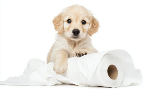 Colitis in Dogs - Puppy sitting on a toilet paper roll against a white background
