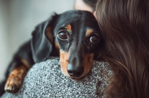 Comprehensive Guide to Dog Cancer - A woman with her hair down is holding and cuddling an old black dachshund