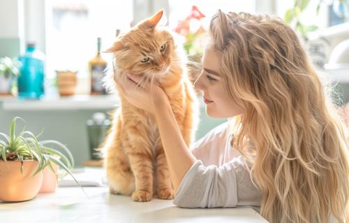Do Cats Love Their Owners - woman with long blonde hair petting her orange cat in the kitchen