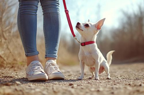 Dog Constipation - A white dog on a leash is sitting and looking up at its owner
