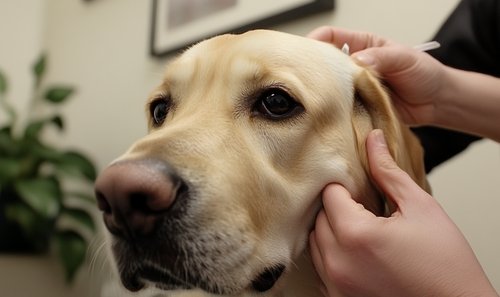 Dog Ear Infection - labrador retriever dog in clinic setting with doctor