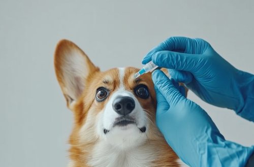 Dog Glaucoma - A person in blue gloves is administering eye drops to the corgi's eyes on a white background
