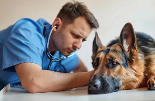 Dog Poop Like Jelly With Blood - A young vet doctor in blue scrubs is using his stethoscope to examine a dog on an end table
