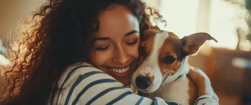 Dog Separation Anxiety -happy woman hugging her Jack Russell Terrier dog