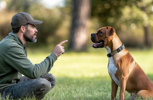 Dog Trainer - A man training a boxer dog outdoors in a grassy field