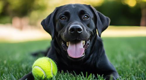 Dog’s Poop Jelly-Like with Blood - black Labrador retriever lies on the grass with its tongue out