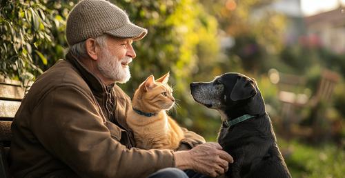 how to increase dog lifespan - Elderly man sitting on a bench petting a cat and a dog