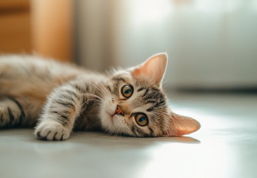 Feline Bladder Cancer - A sad and lonely British Shorthair kitten is lying on the floor