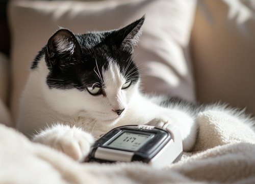 Feline Diabetes - A black and white cat being tested using a glucometer