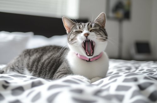 Gingivitis in Cats - cat with a pink collar yawns on the bed