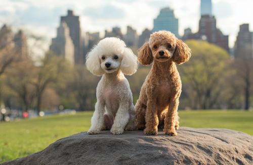 Grooming Tips for Senior Poodles - Two cute poodles sitting on top of a rock in a city park