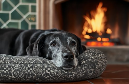 Health Issues in Senior Dogs - An old black Labrador lying on the dog bed in front of the fireplace