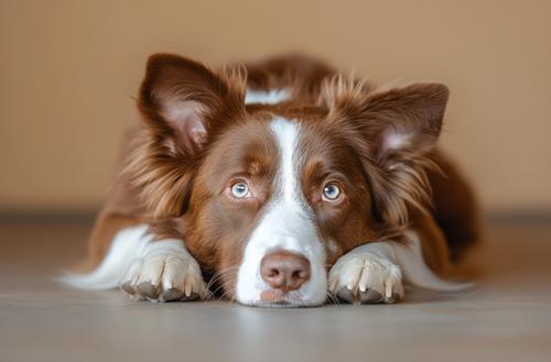 Heart Arrhythmia in Dogs -A brown and white border collie is lying on the floor with its head resting between its paws