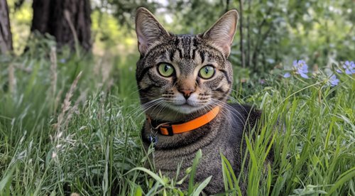 How to Get Rid of Worms in Cats Naturally - A striped cat wearing an orange collar is sitting in tall grass