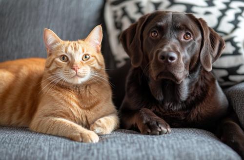 How to Help Your Dog or Cat Lose Weight - Cute orange cat and chocolate Labrador dog sitting on a sofa at home