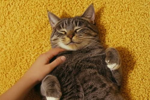 Intestinal Cancer In Cats - an obese gray tabby cat being petted by its owner