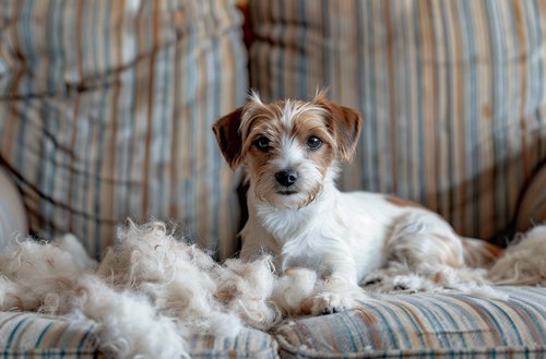 Dog Shedding - Jack Russell Terrier dog sits on the sofa with its hair scattered all over