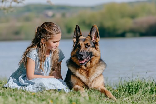 Life Lessons Dogs Teach Us - girl sitting on the grass with a German Sheperd dog