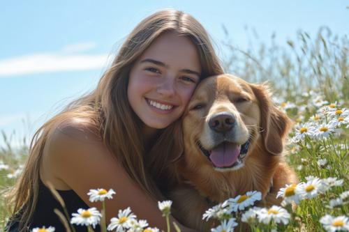 Mammary Cancer in Dogs - A young woman with long hair hugging her golden retriever dog in the middle of a field of white daisies