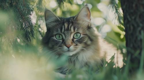 Mange in cats - fluffy cat sitting under the shade of an old pine tree