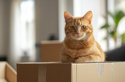 Moving House with Cats - A ginger cat sitting on top of a cardboard box