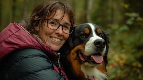 Natural Cancer Support for Dogs - Happy woman hugging her Bernese Mountain Dog in nature
