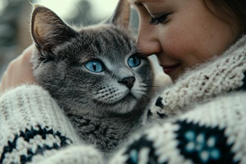 Natural Cancer Treatment for Cats - an adorable gray cat with blue eyes being held by its owner