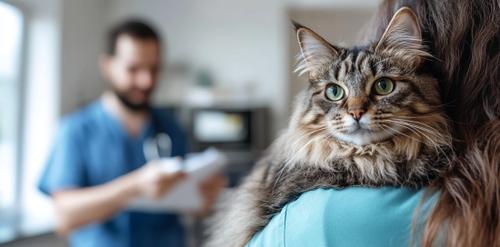 Pet Health Insurance - A cat is being held by its owner at the veterinary clinic