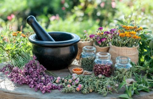 Pet Homeopathy - A black mortar and pestle on top of an old wooden table surrounded by flowers and herbs