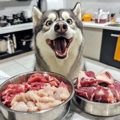 Raw Food Diet for Pets - husky dog standing next to its food bowl filled with raw meat