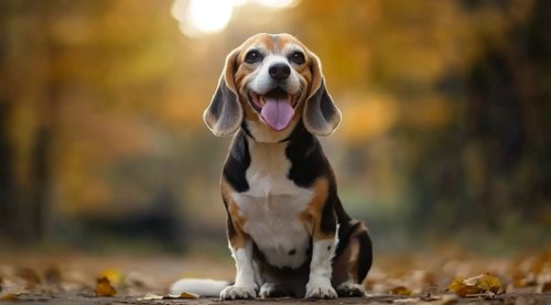 Senior Beagle - A happy and playful senior Beagle dog sitting on the ground in an outdoor park