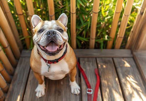 Senior Bulldog - a happy senior bulldog sitting on a wooden terrace