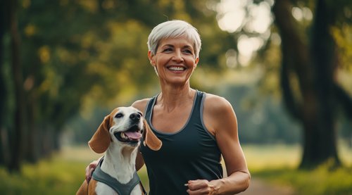 Senior beagle - woman and senior beagle is smiling while jogging in the park
