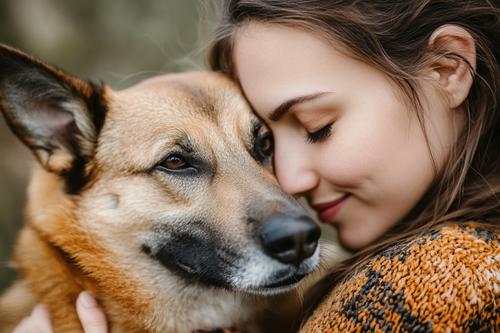 Stomach Cancer in Dogs - A woman with brown hair is petting her dog and kissing it on the nose