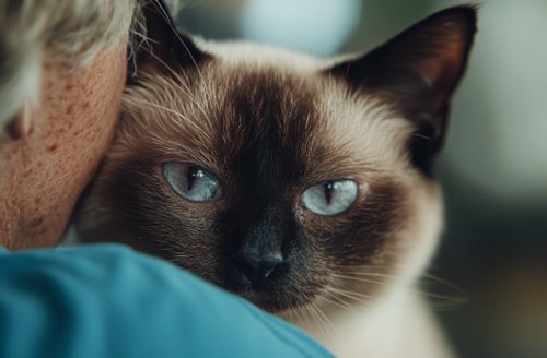 Upper Respiratory Infection in Cats - Siamese cat is being held by its owner